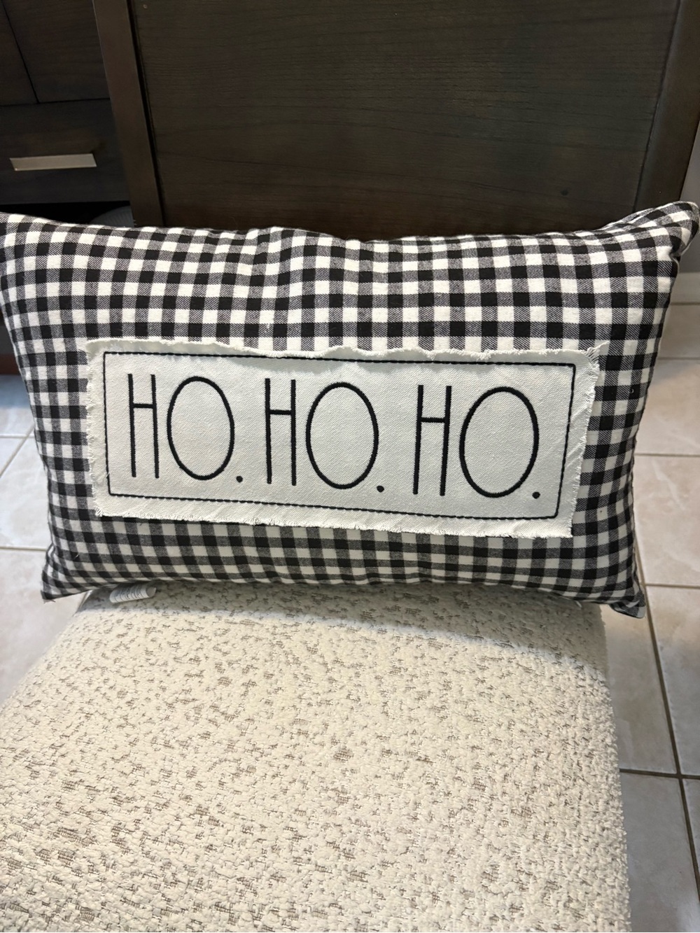 HO. HO. HO. Black & White Buffalo Check Holiday Pillow